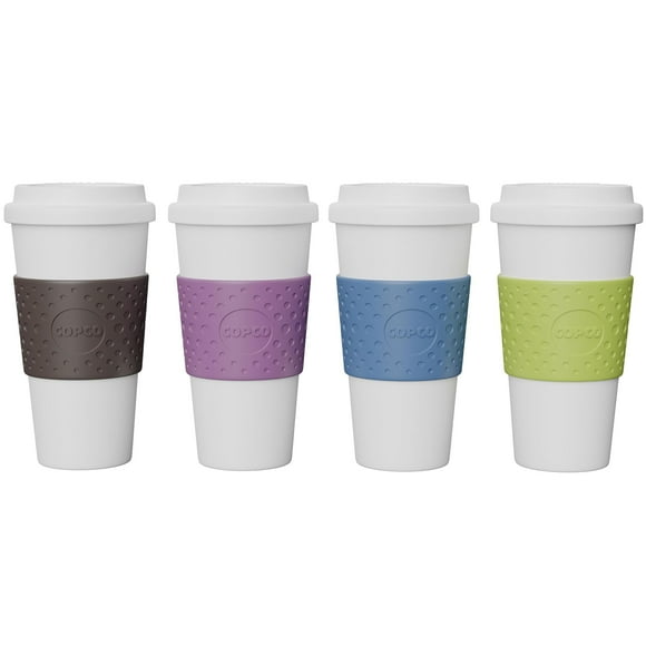 Copco Acadia Travel Mug (4-Pack), 16oz Insulated Coffee Mug with Double-Walled Plastic, Leak-Proof Lid - Microwave &amp; Dishwasher Safe, Non-Slip Sleeve, Hot &amp; Cold Drinks - Light Col
