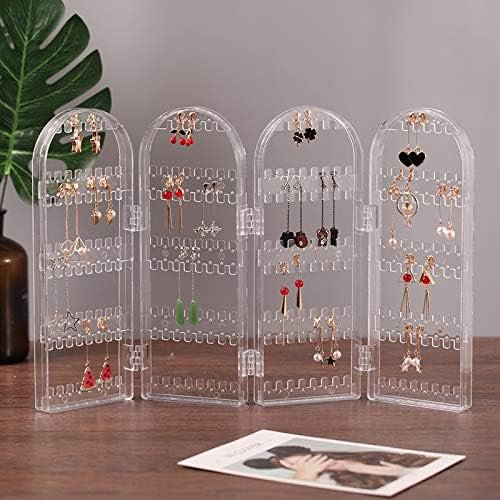 Soporte de acrílico para pendientes para mujer, estante de exhibición de collares con pantalla plegable de 4 puertas, organizador de joyas colgante de doble cara, transparente