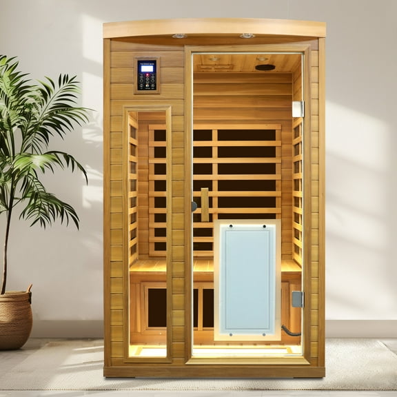 Low EMF Two Person Far Infrared Red Cedar Deluxe Indoor Sauna Room with Bluetooth Audio and LED Lighting for Home Wellness and Relaxation