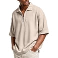 thumbnail image 2 of Hogleaql Mens 1/4 Zipper T Shirts Soft Short Sleeve Collared Retro Pullover Dressy Relaxed Fit Loose Pullover Tops Beige 4XL, 2 of 5