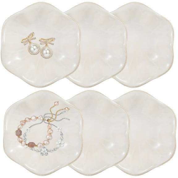 6 Pcs Ceramic Jewelry Dishes, Lotus Leaf Ring Dishes, Small Trinket Trays, White Pottery Plates, Gold-Trimmed Jewelry Holders, Cute Key Bowls for Nightstand Decor