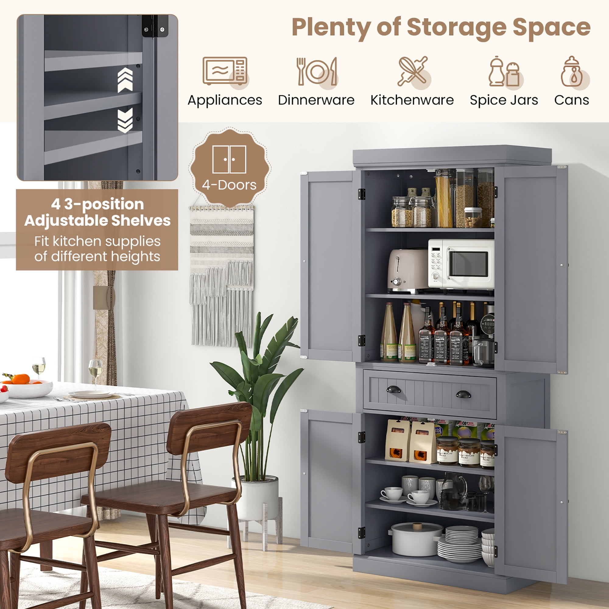 Gymax 72'' Kitchen Pantry Storage Cabinet Tall Freestanding Cupboard w/ 4 Doors Large Drawer Gray
