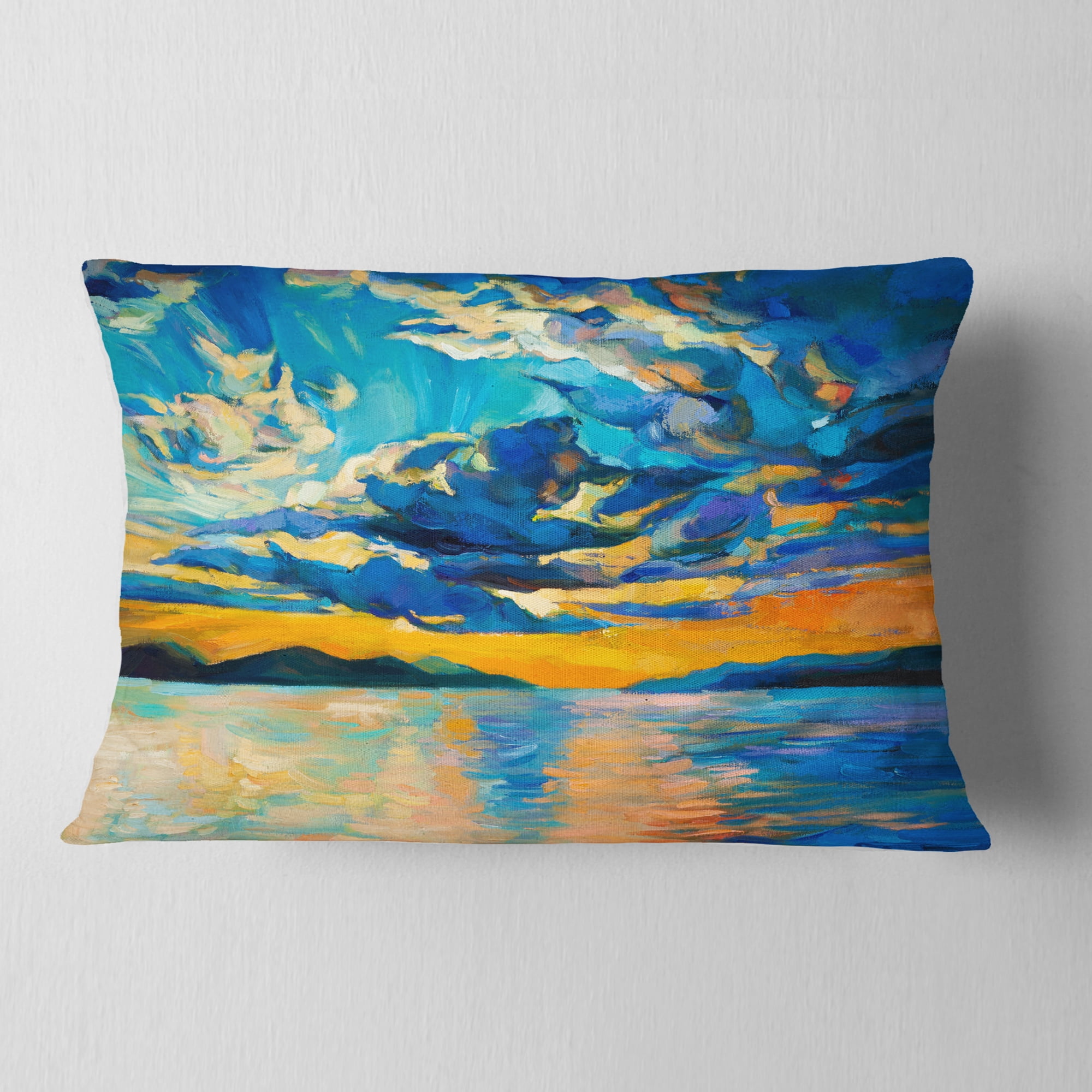 Designart Orange Sunset with Blue Sky - Modern Painting Throw Pillow - 12x20