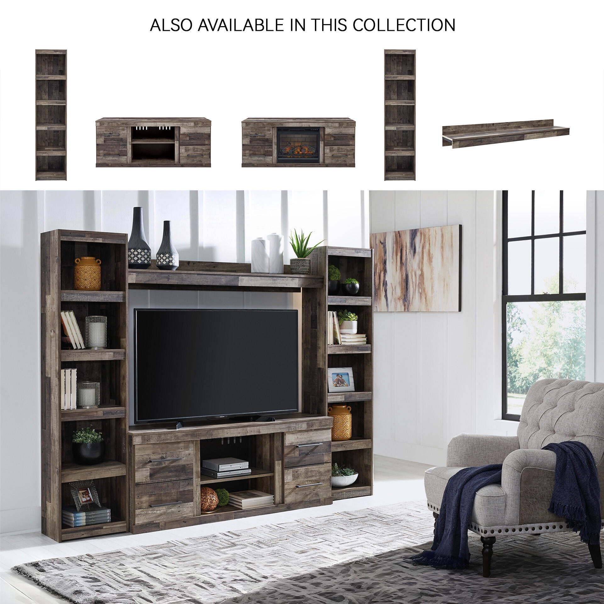 Signature Design by Ashley Derekson TV Stand with Fireplace Option, Multi Gray, Rustic Entertainment Center for TVs up to 65" with Storage