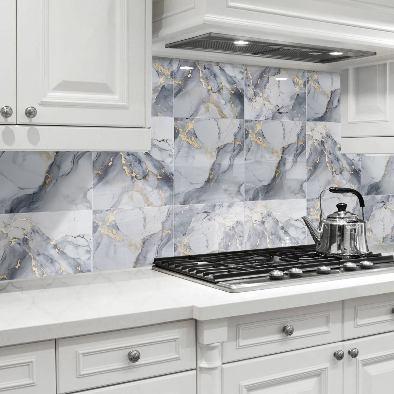 DEWOO 10pcs Peel and Stick Backsplash Wall Tile, Waterproof Peel and Stick Marble Wall Tiles, Self-Adhesive Panels for Bathroom, Kitchen, and Living Room (Dark Gray Marble,12"×12")