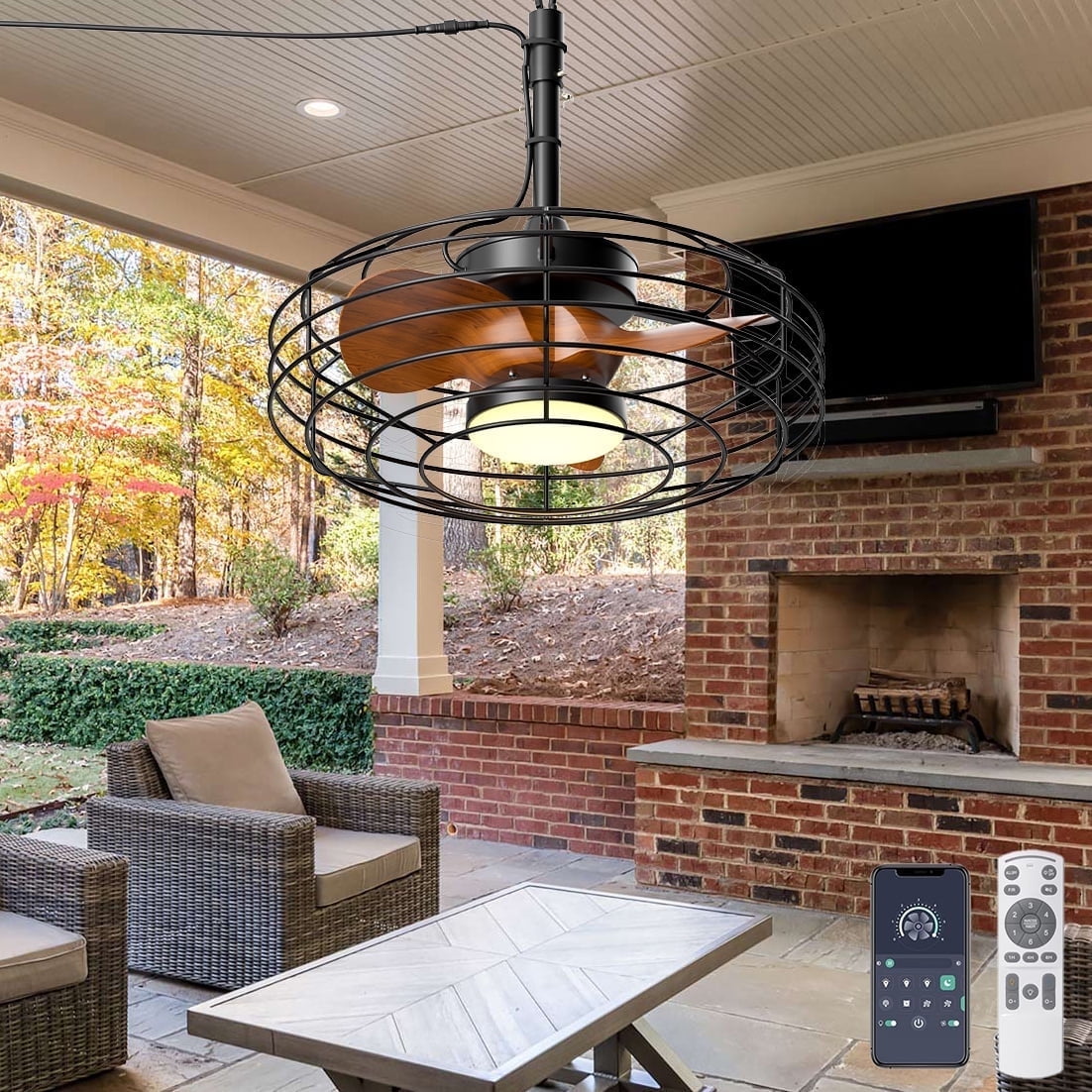 Ohniyou 20" Outdoor Ceiling Fans with Lights And Remote for Patio, Small Farmhouse Dimmable Waterproof Plug in Ceiling Fan for Gazebo Porch Canopy, Wood
