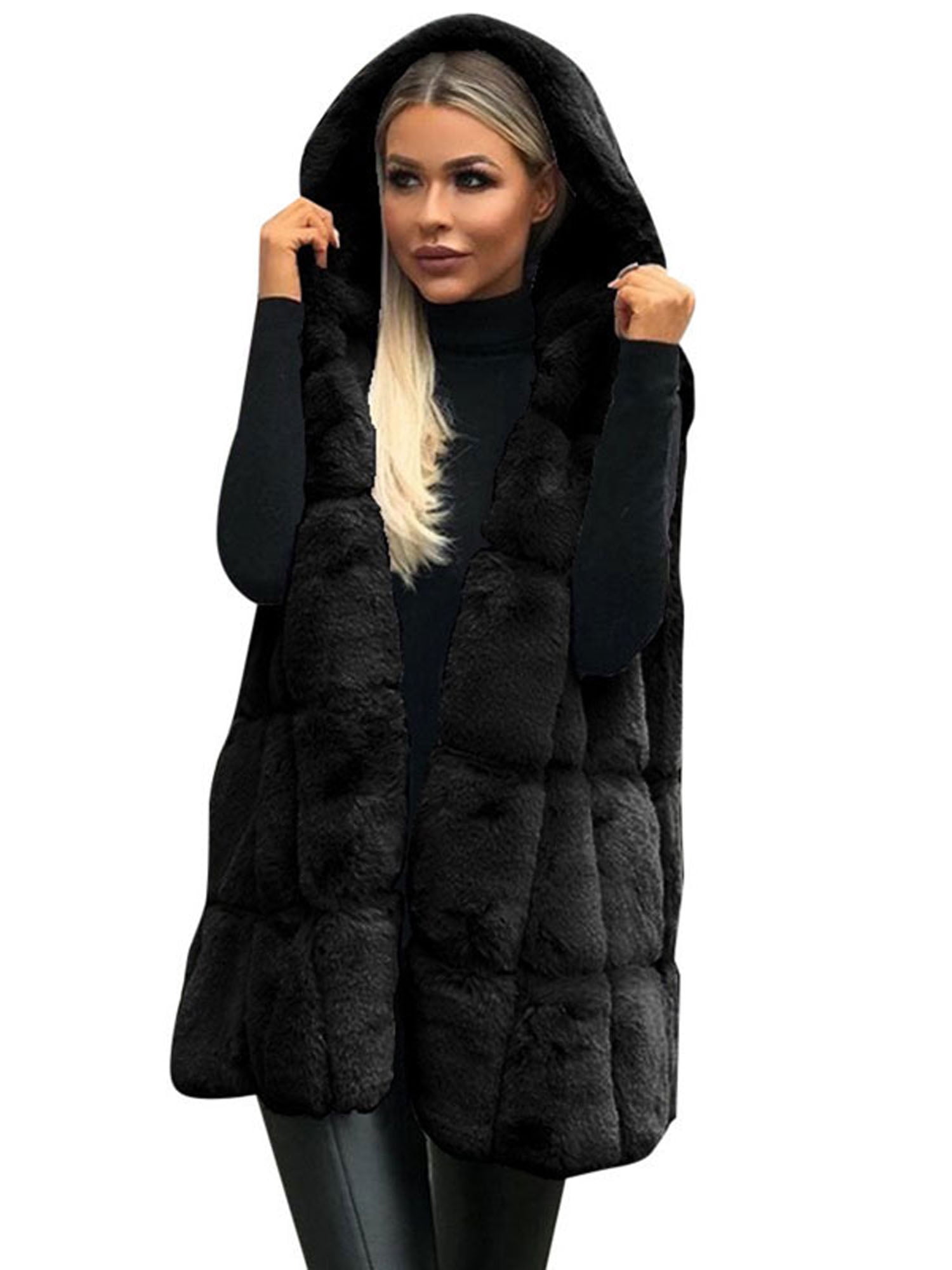 Women Faux Fox Fur Warm Cardigan Winter Fluffy Gilet Artificial Fur Vest Mid-Long Sherpa Sleeeless Heavy Coat Jacket