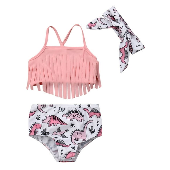 Xingqing 3PCS Newborn Baby Girls Swimsuit Solid Tassel Tops Dinosaur Shorts Headband