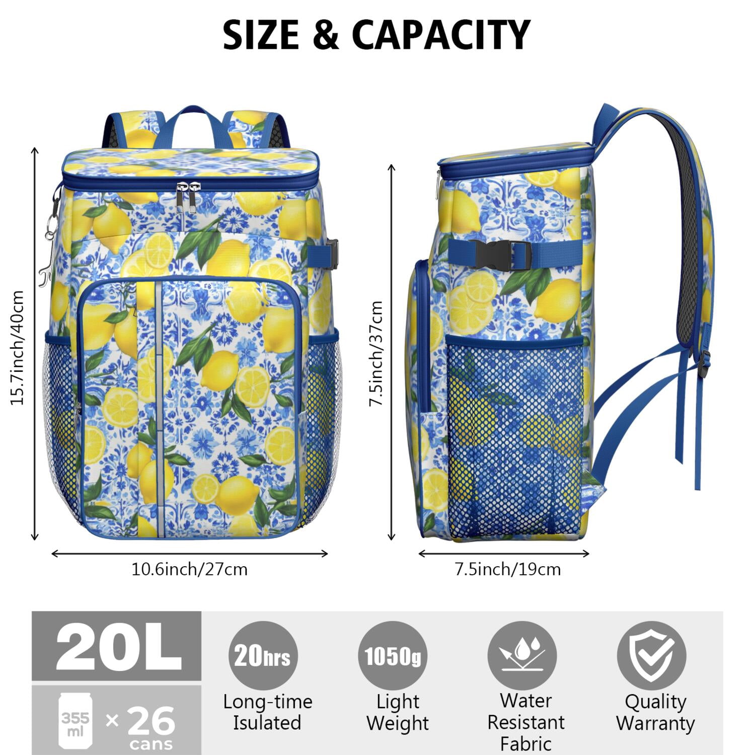 Travel Cooler Bag - Lemon Camping Beer Cooler Backpack with Bottle Opener- Waterproof Insulated Picnic Backpacks - Cooler Bag for Beach
