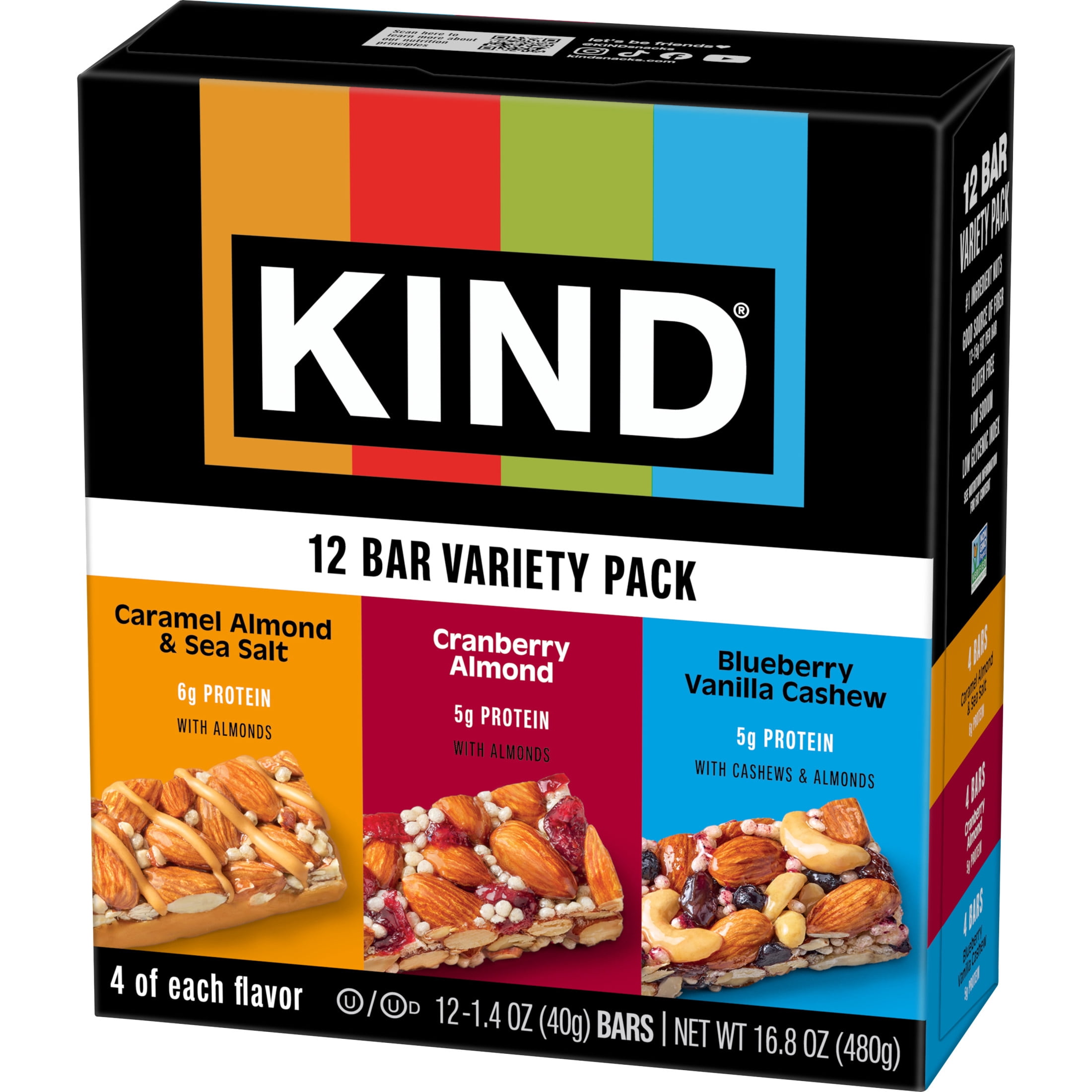 KIND Cranberry Almond, Caramel Almond & Sea Salt, Blueberry Vanilla Cashew Nut Bars, 12 Count