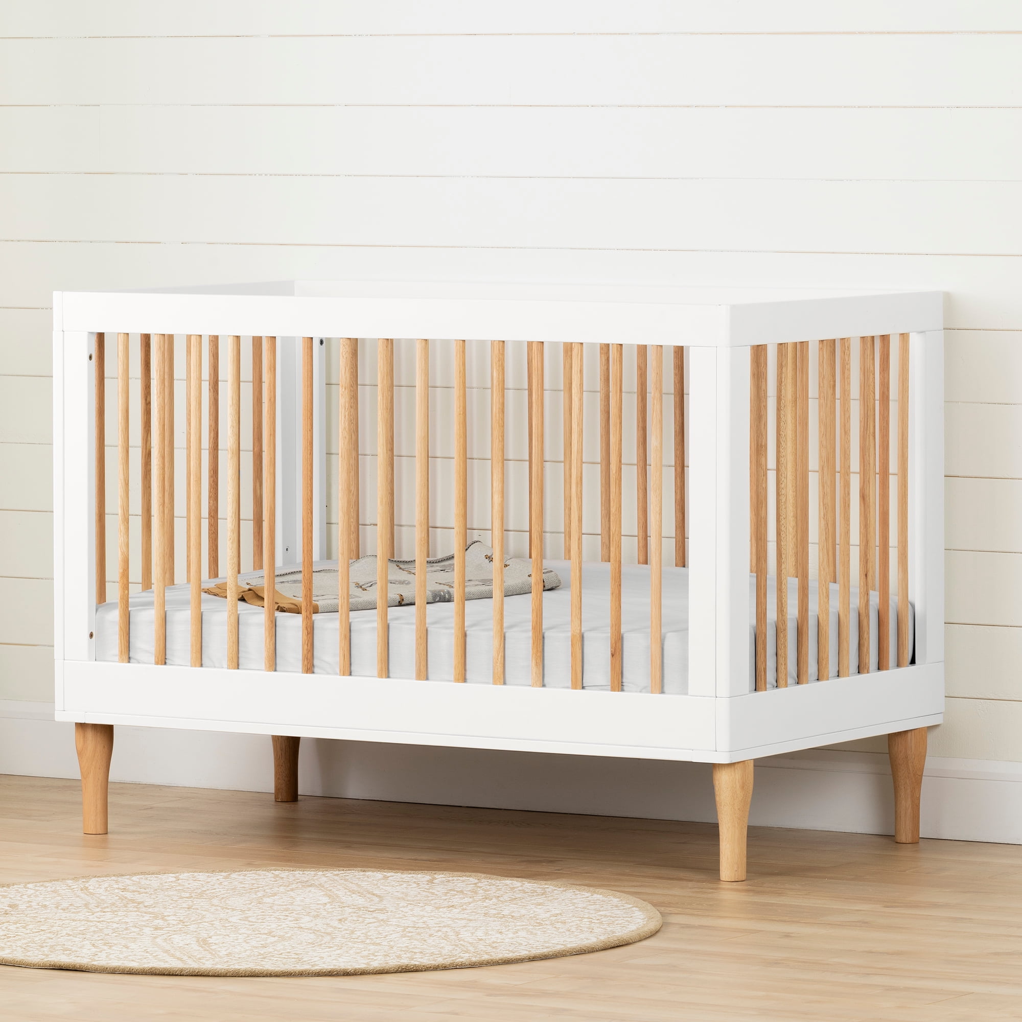 South Shore Balka Baby Crib with Adjustable Height, Pure White and Exotic Light Wood