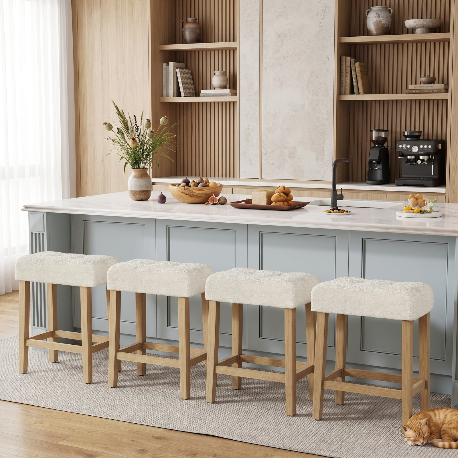 Furnibear Counter Height Bar Stools Set of 2, Upholstered Sherpa Fabric Barstools with Rubber Wood Legs, Footrest & Anti-Slip Pads, Backless Kitchen, Beige and Natural