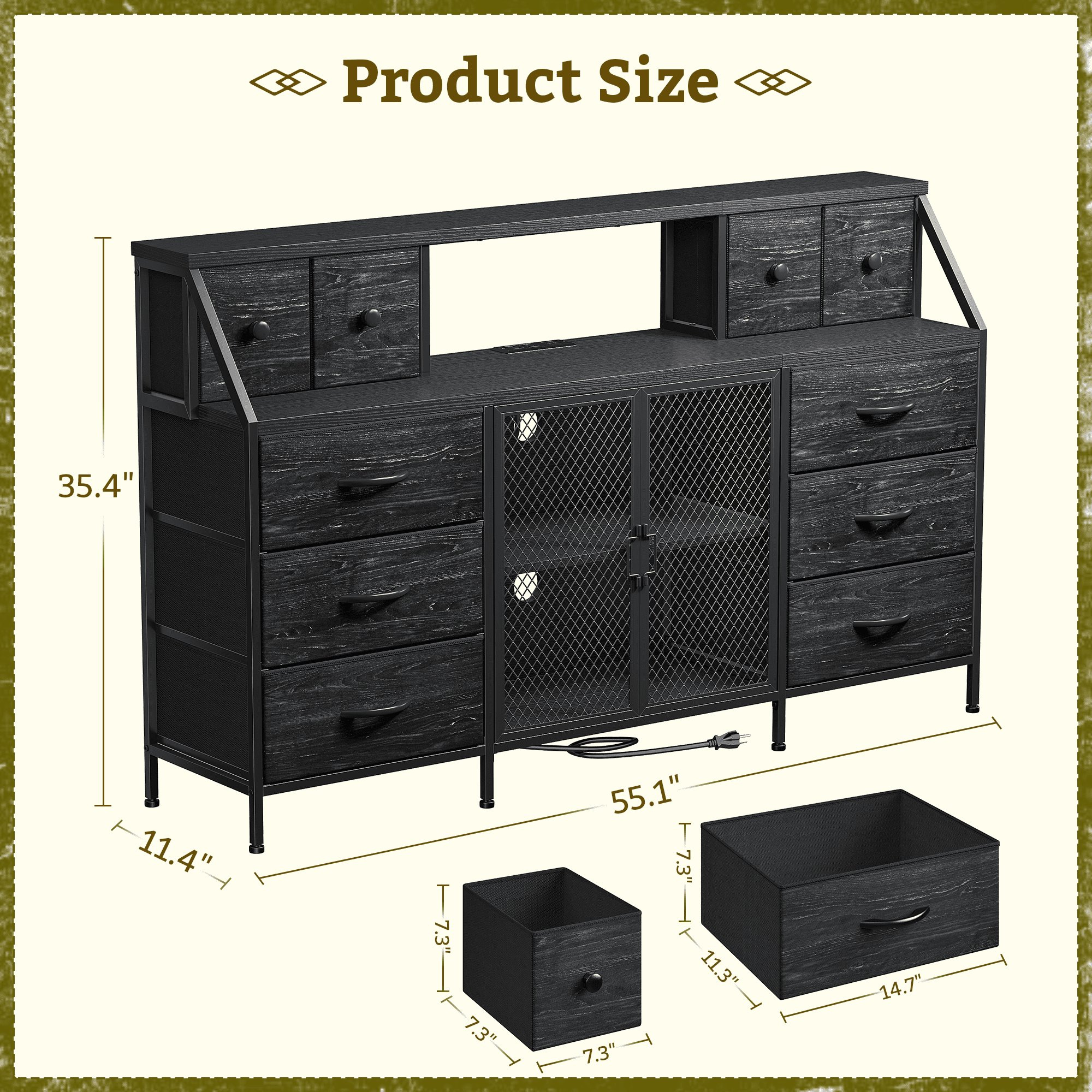 Romorgniz Dresser for Bedroom with 10 Fabric Drawers & Mesh Door 55" Long Dressers & Chest of Drawers with LED Lights & Charging Station for Living Room, Black