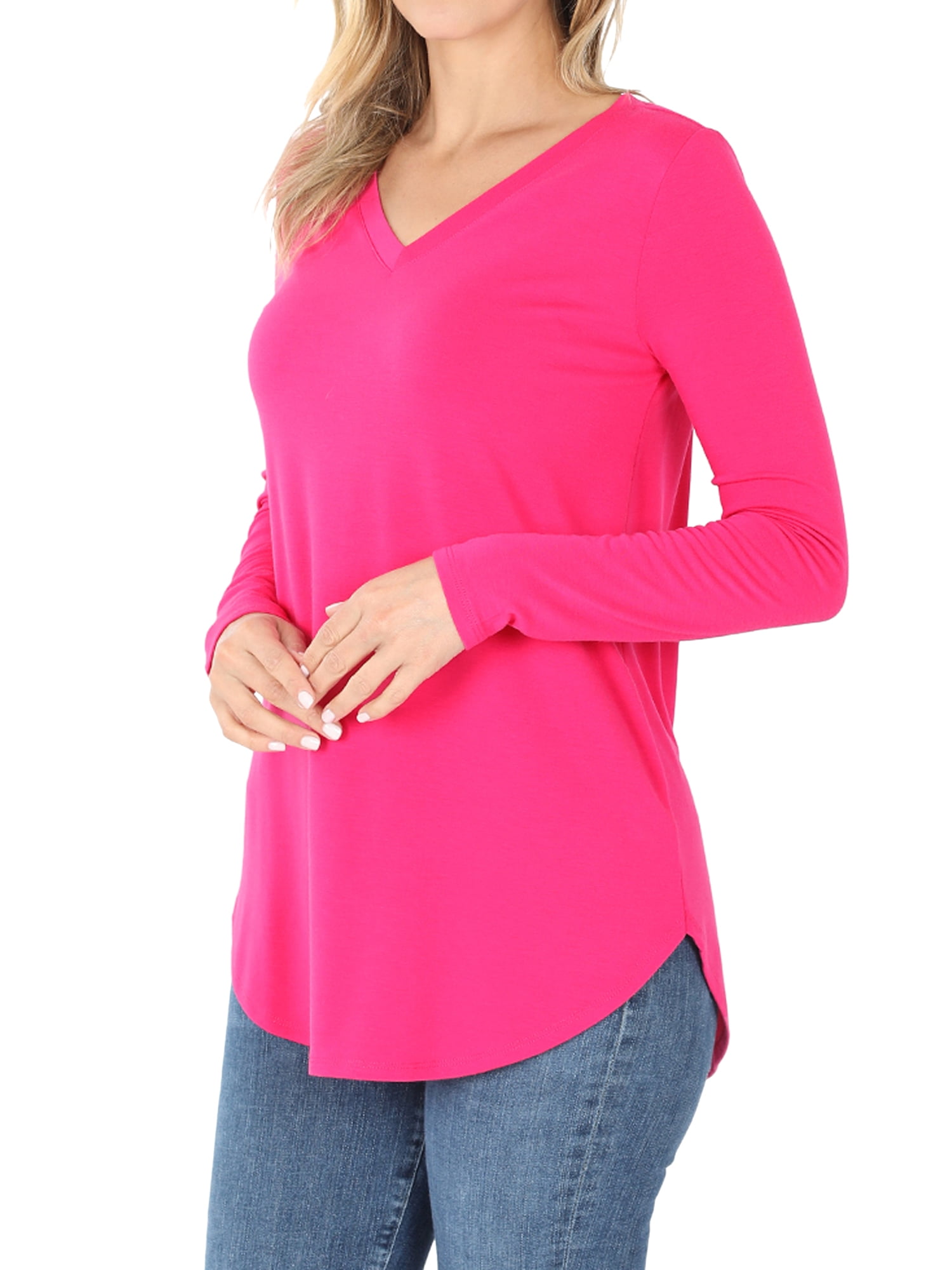 Zenana Women & Plus Relaxed Fit Long Sleeve VNeck Round Hem Jersey Tee