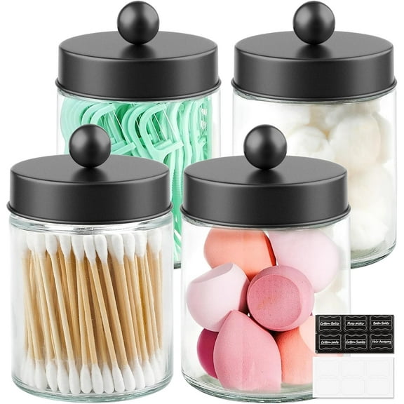 Glass Apothecary Jars with Lids 4 Pack, Bathroom Storage Containers for Qtips Cotton Swabs, Black Canisters Set with Preprinted Labels, Rustic Farmhouse Decor Accessories, Black
