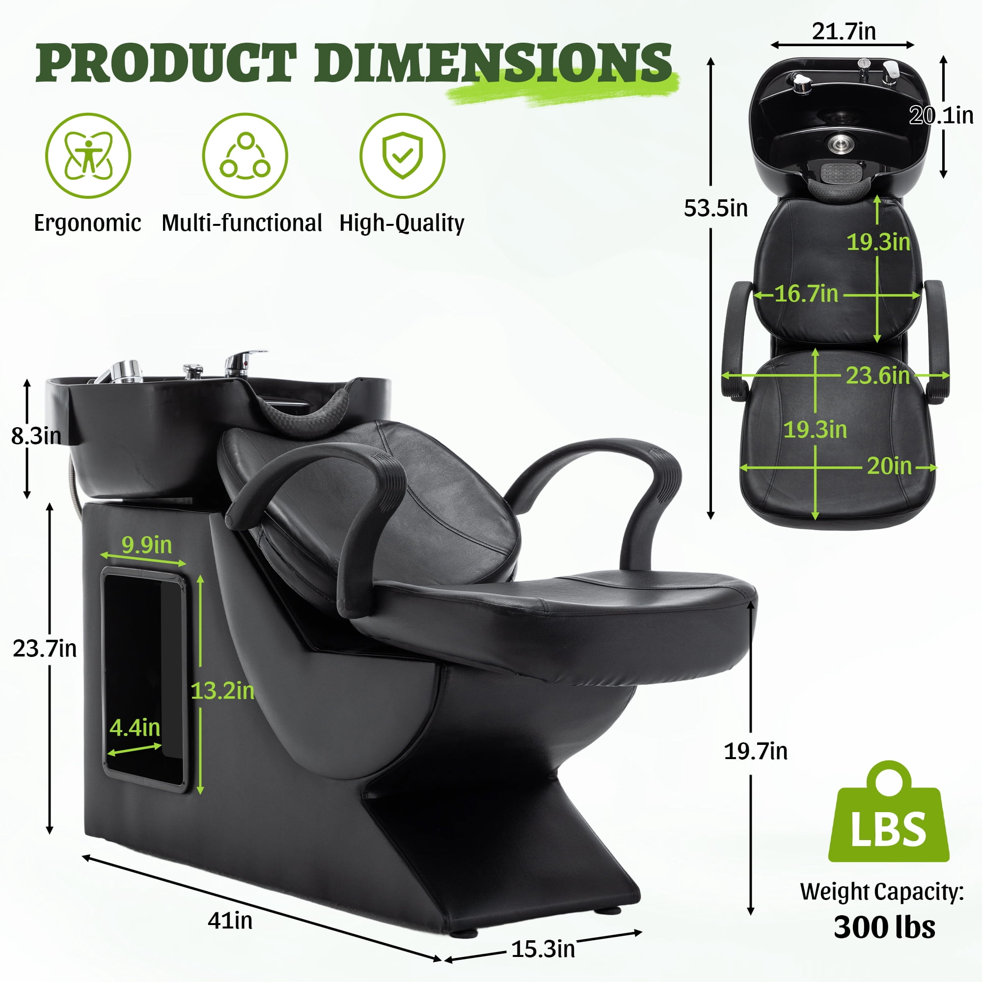 Miniyam 53.5" x 21.7" x 32" Shampoo Station with Chair – ABS Basin, PU Leather, Neck Rest, Side Storage, Hot/Cold Faucet & Sprayer – 300 lbs Capacity – Black for Salon Spa Barbershop