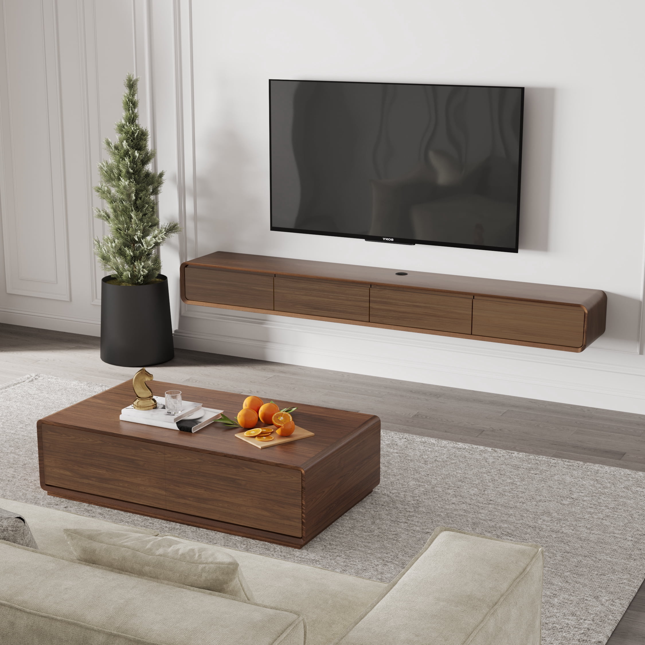 POVISON Modern Rectangular Coffee Table, Wood Coffee Table with Storage, 4 Solid Wood Drawers, Fully-Assembled, 51.18", Walnut