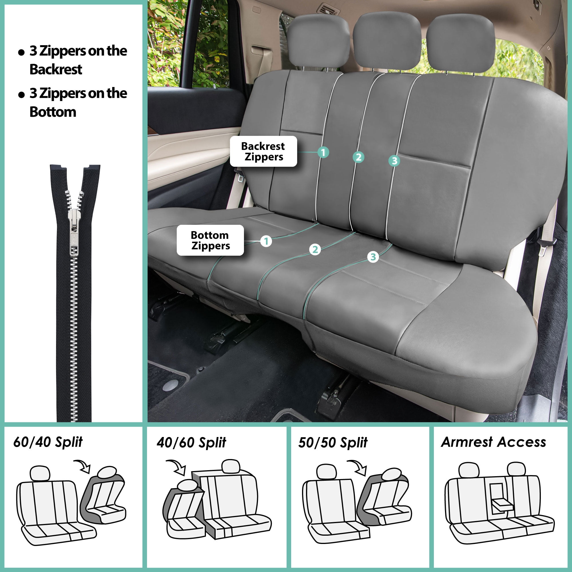 FH Group 3 Rows Universal Fit Faux Leather Car Seat Covers for SUV Sedan, Airbag Compatible, Split Bench w/ Free Air Freshener - 7 Seaters Solid Gray