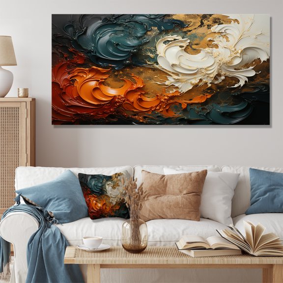 Designart "Ripple Waves Melody Orange and Gold Harmony II" Oversized Abstract Wall Art - Modern Orange Abstract Painting Bedroom Canvas Wall Art