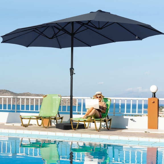 Autlaycil 15' Pool Patio Umbrella and Umbrella Base,Extra Large Umbrella with Crank, for Outdoor, Market, Beach, Garden, Yard, Party, Navy Blue