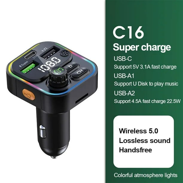 Transmisor FM Bluetooth 5,0, modulador de Radio para coche manos libres, reproductor MP3 con adaptador de carga súper rápida USB de 22,5 W para coche