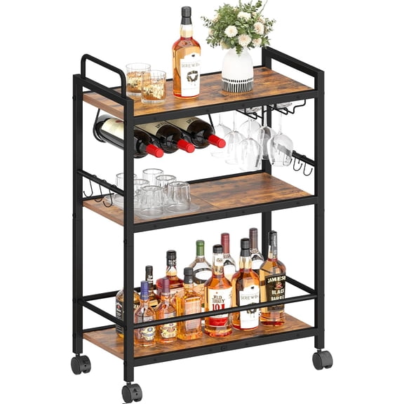 Home Bar Serving Cart, Serving Cart with Wheels and Handle, 3 Tier Rolling Kitchen Cart, Microwave Cart, Beverage Cart with Wine Holder and Glass Holders, for Dinning Room, Living Room, Kitchen