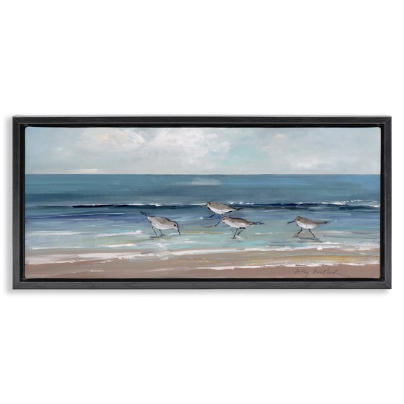 Stupell Industries Sandpipers with Cloudy Sky Nature Painting Black Floater Framed Canvas Art Print Wall Art, 31 x 14