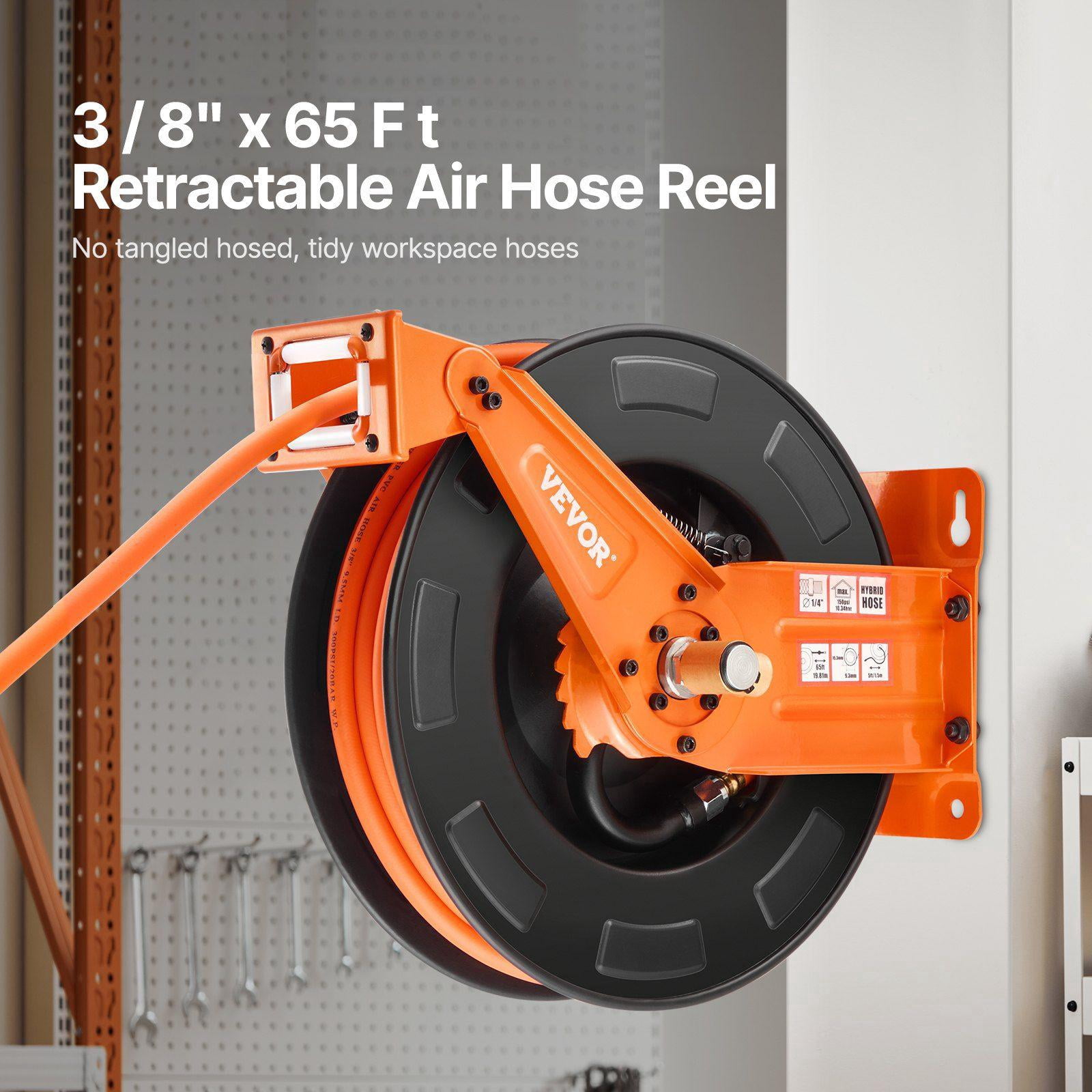 Retractable Air Hose Reel with Double Arms 3/8 Inch x 65FT Hybrid Air Hose Max 300PSI Heavy Duty Steel Ceiling Wall Mount for Workshop Garage