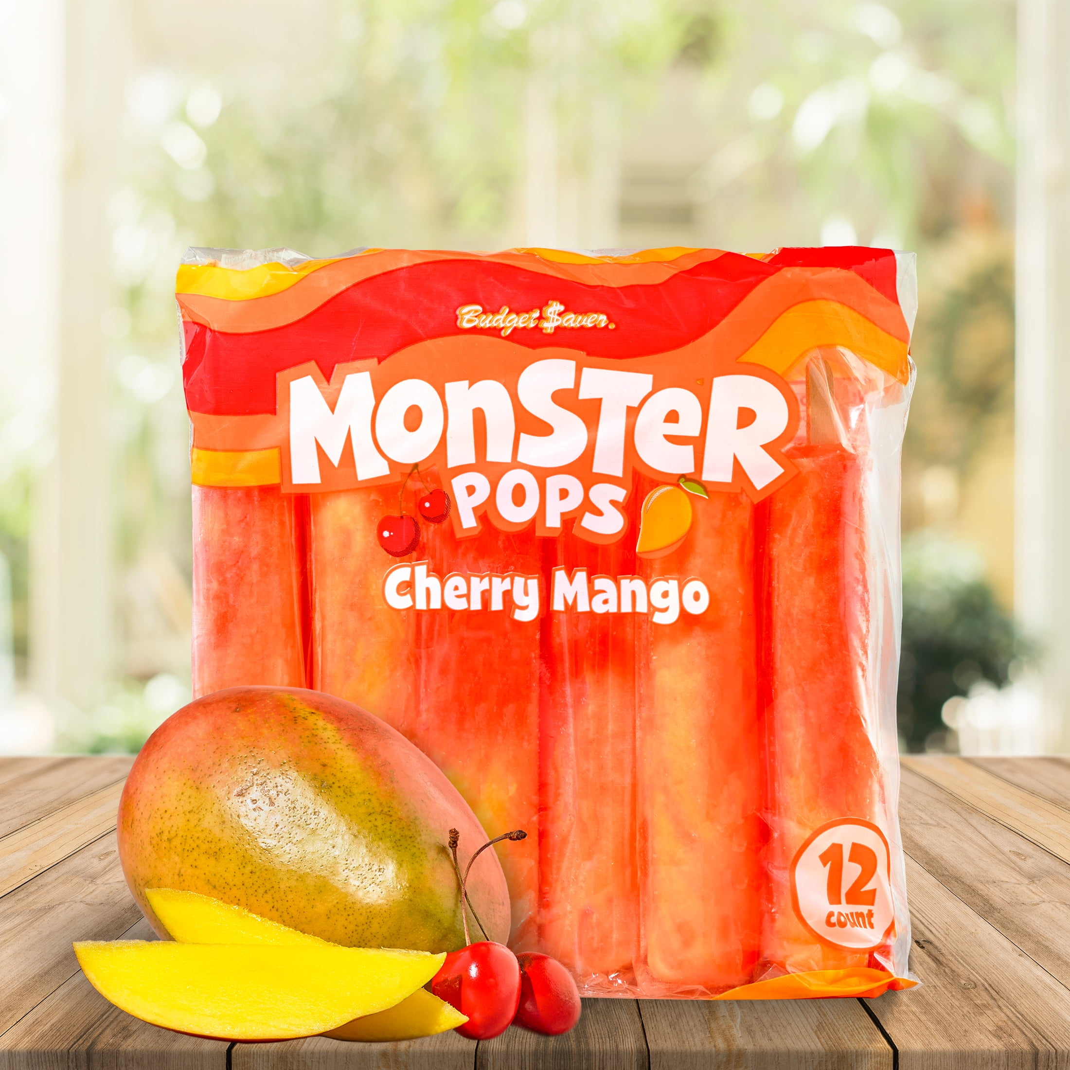 Budget Saver Monster Pops, Cherry Mango, 12 Count, Frozen Popsicles with Natural Colors
