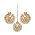 thumbnail image 1 of Efulgenz Indian Maang Tikka Earrings Set Bollywood Crystal Kundan Faux Pearl Head Chain Big Dangle Earrings Jewelry Set, Light Pink, 1 of 5