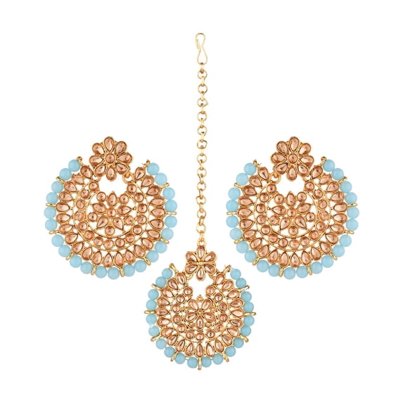 Efulgenz Indian Maang Tikka Earrings Set Bollywood Crystal Kundan Faux Pearl Head Chain Big Dangle Earrings Jewelry Set, Light Pink