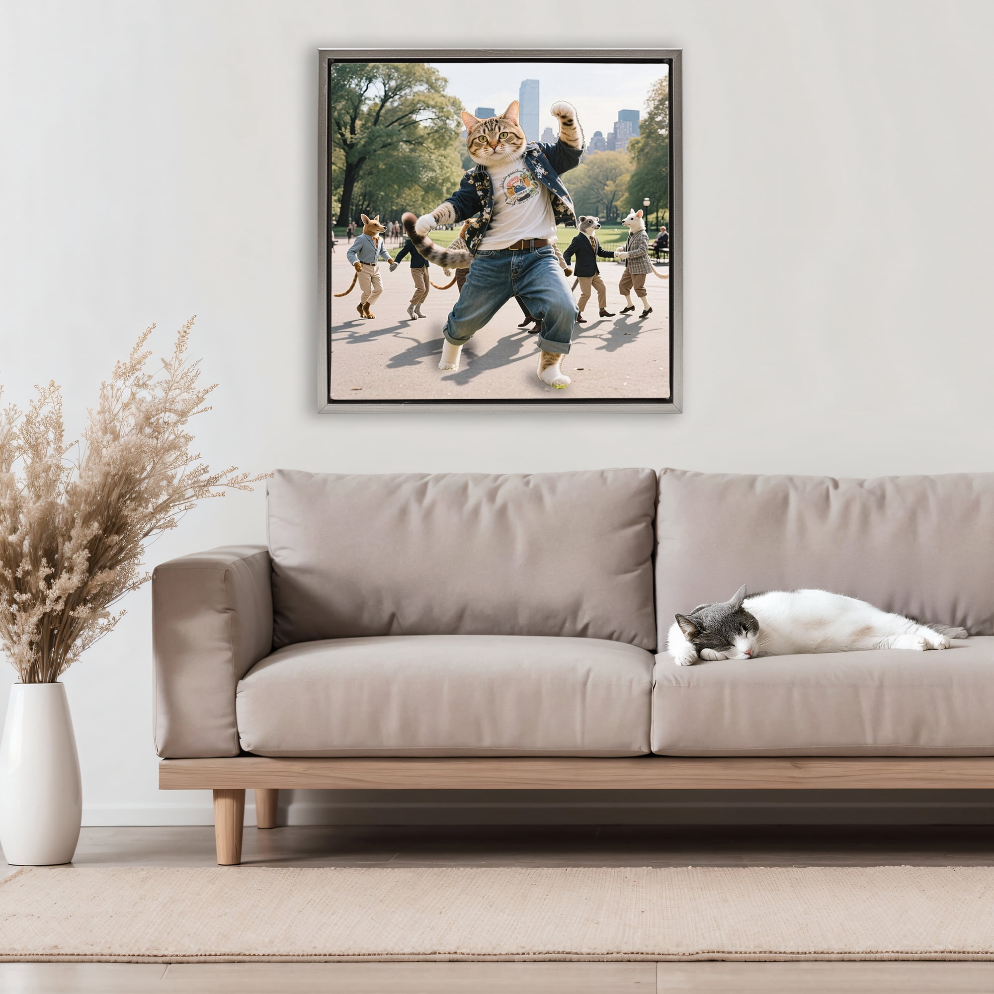 Stupell Industries Stylish Cat Dancing in Park Gray Framed Floater Canvas Wall Art, design by CAD Designs