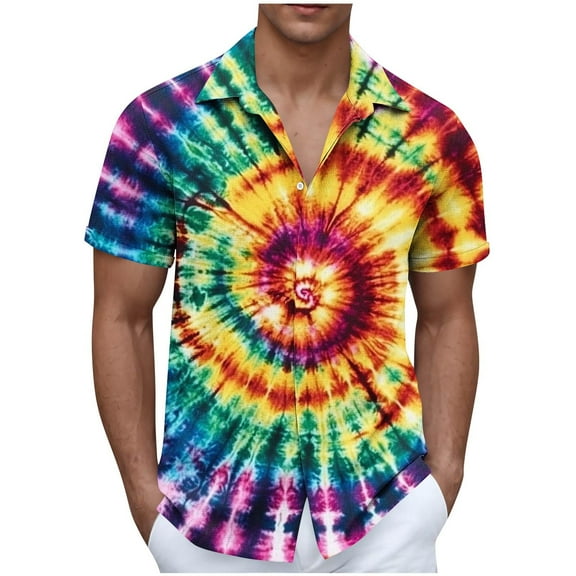 Handshe Men's Casual Trendy Turn-down Collar Printed Short Sleeve Button Shirt Blouse