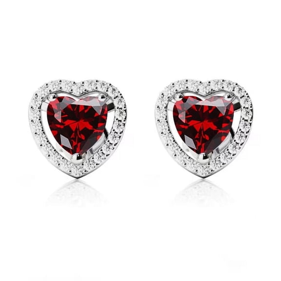 14k White Gold Halo Heart Garnet Stud Earrings Gift for Her Women's Plated by Paris Jewelry