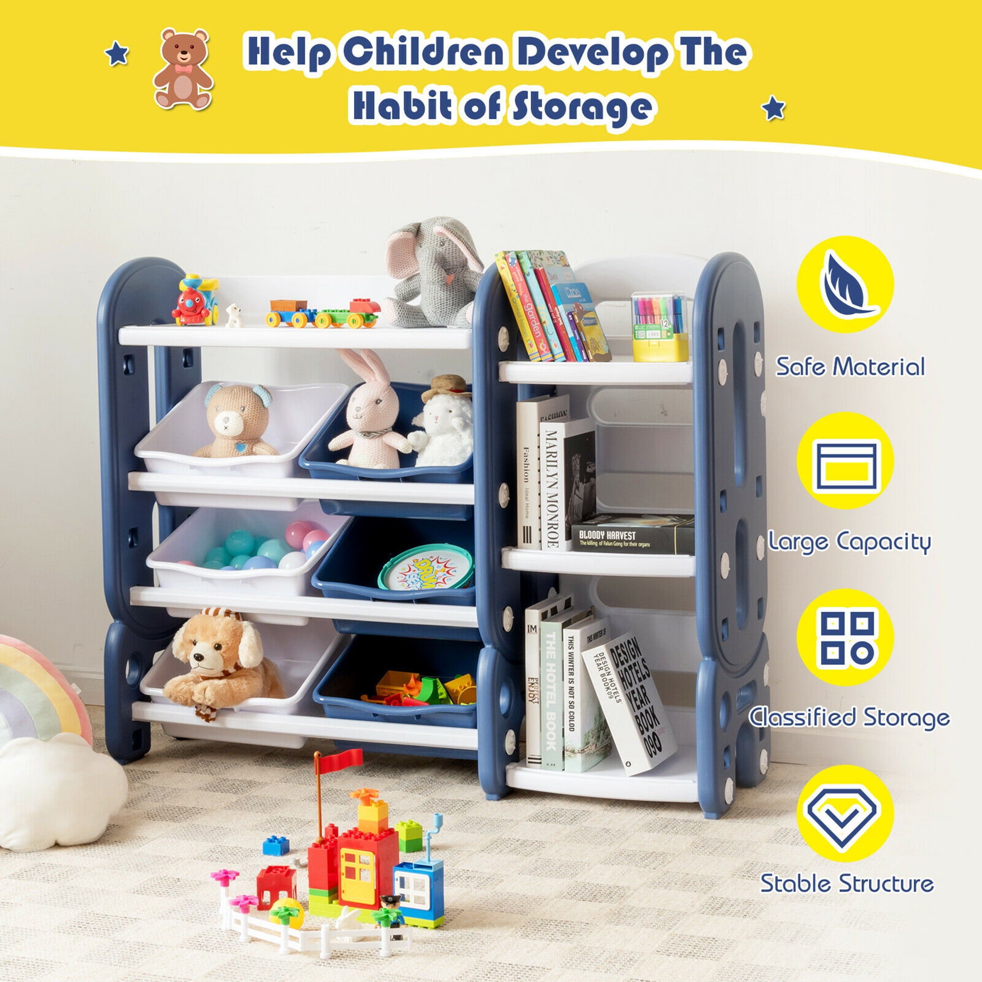Gymax Kids Toy Storage Organizer w/ Bins & Multi-Layer Shelf for Bedroom Playroom Blue