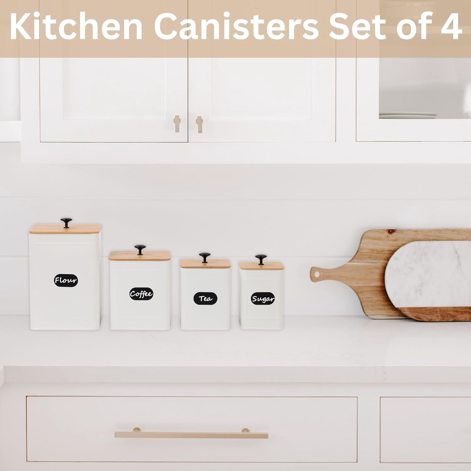 Perfnique Kitchen Canisters, Farmhouse Kitchen Counter Set of 4, Coffee Tea Sugar Jars Food Storage Container (White)