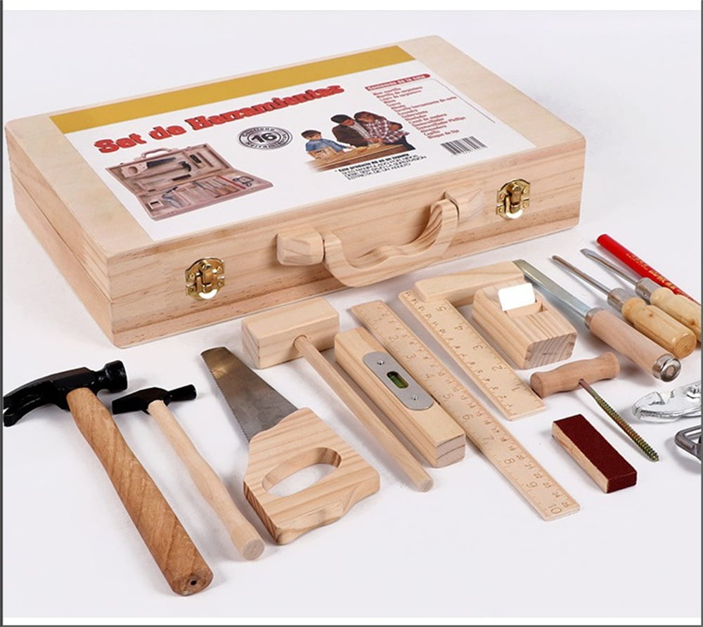 Homeware Kids 16 Piece Tool Set with Wood Box - Ages 8 Years and up 