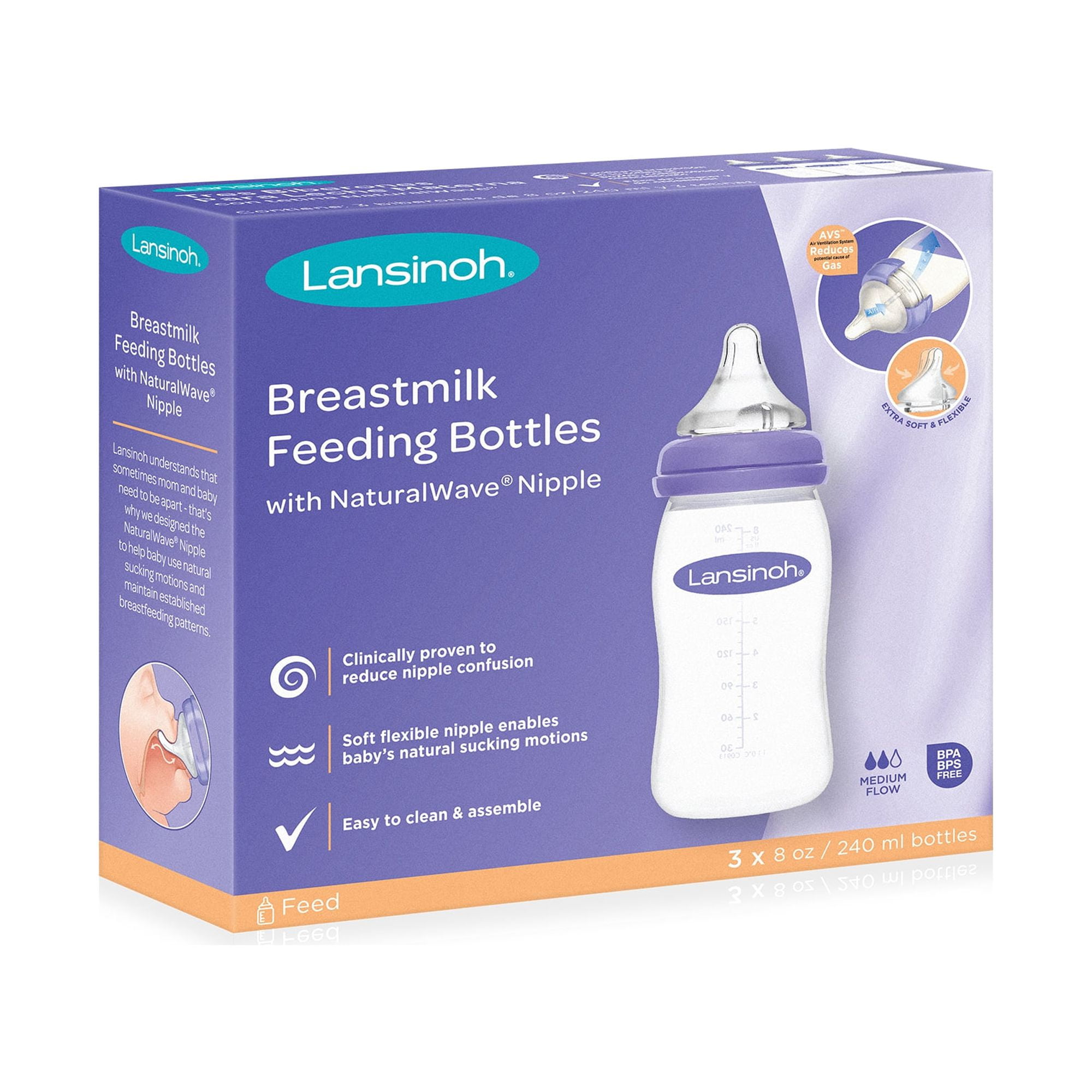Lansinoh Glass Baby Bottles for Breastfeeding Babies Includes 4 Medium Flow  Nipples (Size 3M) 8 Ounce (Pack of 4)