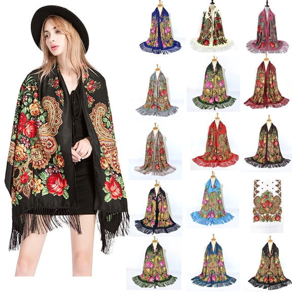 ibiyuan Scarfs for Womens Bohemian Ethnic Fringe Square Scarf Soft Warm Long Shawl Wrap Winter Daily Matching
