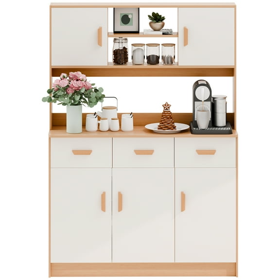 ZNNT 67" Pantry Cabinet, Tall Kitchen Pantry Storage Cabinet with Microwave Stand, Farmhouse Kitchen Hutch with Storage Drawers and Doors for Living Room, Dining Room, White/Oak