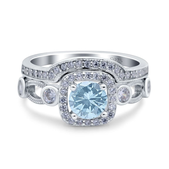 Natural Aquamarine Size-5 Two Piece Round Vintage Style Filigree Curved Band Cushion Halo CZ Wedding Set Engagement Ring 925 Sterling Silver