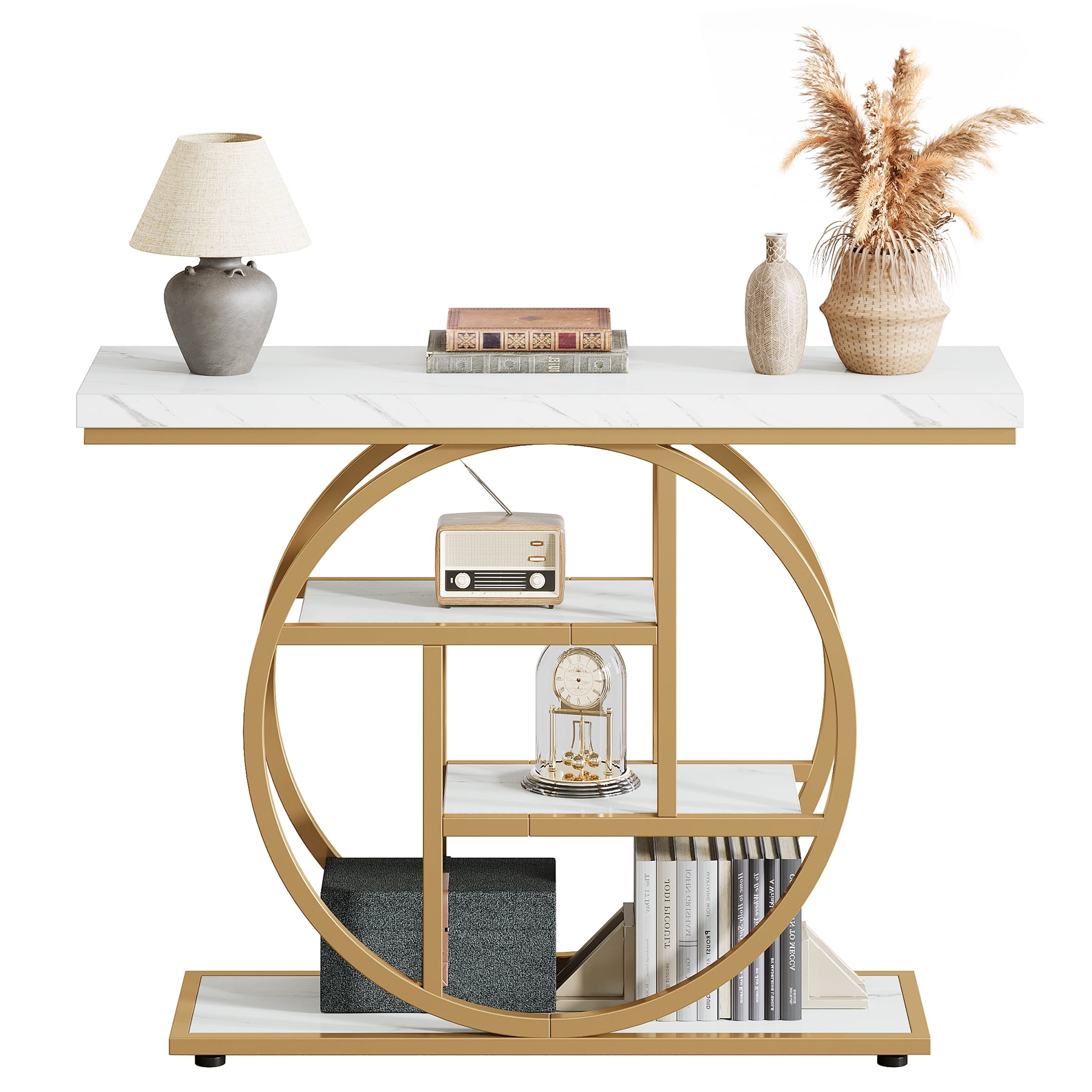 Fnova Console Table, Entryway Table with 4-Tier Storage Shelves, 42" Wood Modern Narrow Long Side Table, , Sofa Table, Accent Table for Living Room, Entryway, Hallway, White and Gold