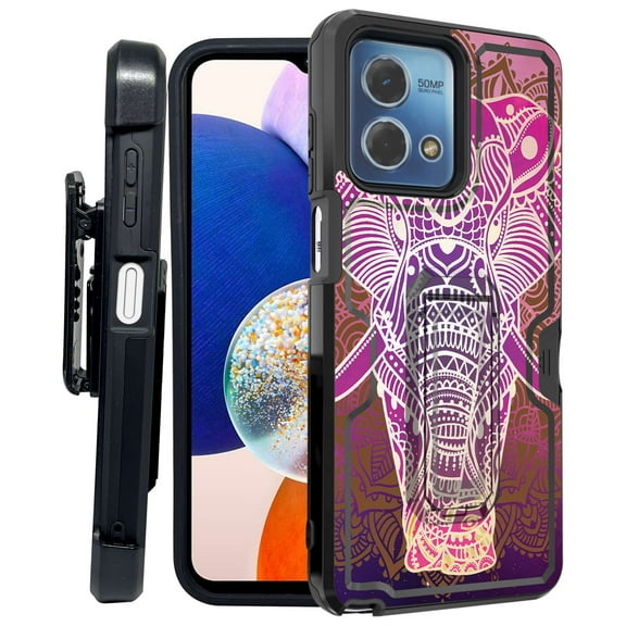 ANJ  Rugged Shockproof Kickstand Hybrid Case with Card Slot and Holster   Tempered Glass Cover for Motorola Moto G Stylus 5G (2023) - Pink Mandala Elephant