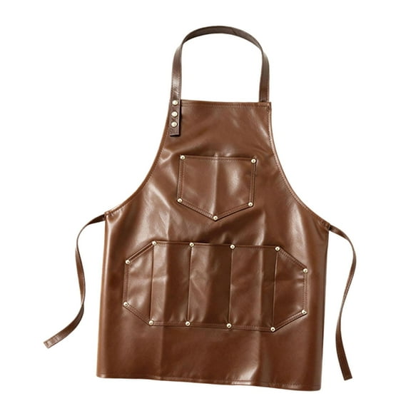 Work Apron Cooking Apron PU Leather Oil Resistant Six Pockets Lightweight for Waiter Barbecue Restaurant