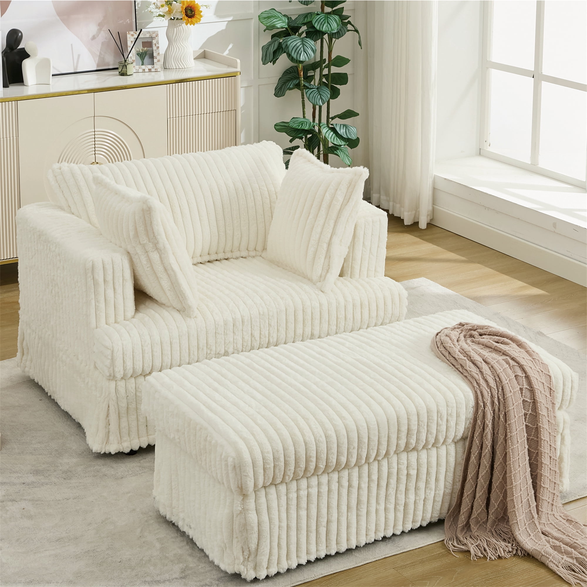 Aukfa 48" Inch Chaise Lounge, Oversized Sofa Chair with Ottoman, 3 Pillows, Corduroy, Beige