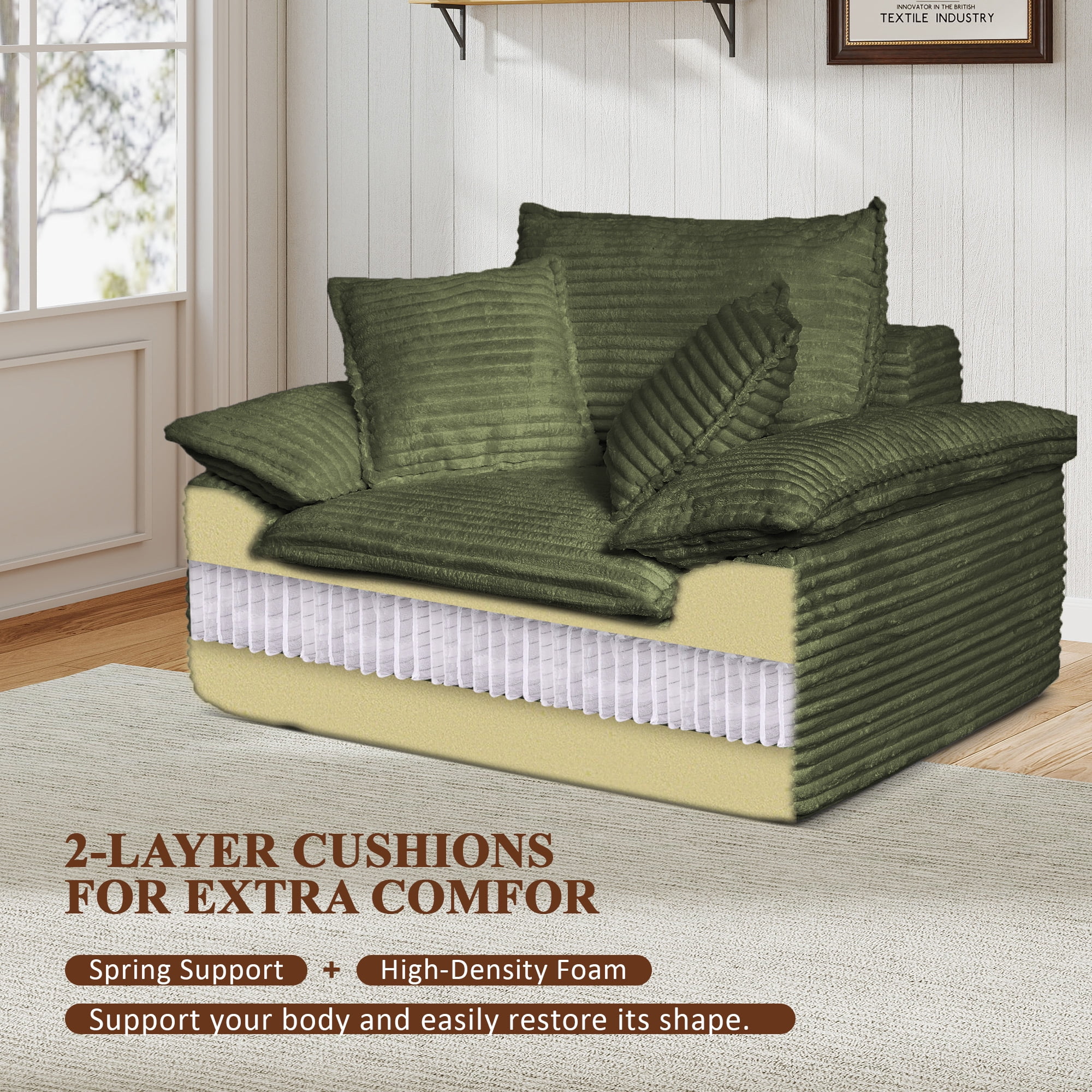 Aukfa 63.5" Oversized Chaise Lounge Sofa with Movable 2-Layer Ottoman, Deep Seat Boneless Couch, Corduroy Lounge Chair, Green