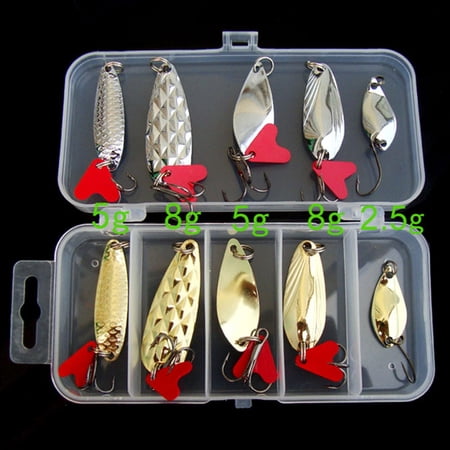 10 Piece Metal Fishing Bass Spoon Crank Lure Set with Saltwater Tackle Hooks and High Visibility Silver Gold Sequin Paillette Hard Baits 4 Ounces (107G)