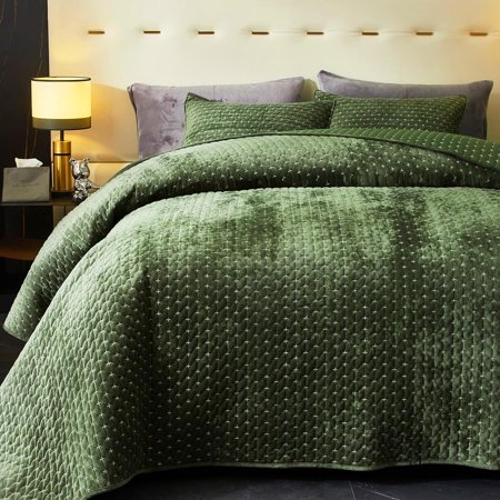 Velvet Quilt Queen Size, Oversized Bedspread Quilted Bedding Set, Luxurious Soft Coverlet Set Lightweight Velvet Comforter for All Season with Pillow Shams Army Green, Striped, Full/Queen