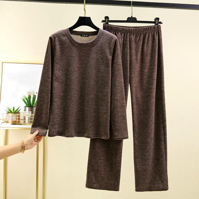 Puntoco Pijamas para mujer, moda femenina, color sólido, cuello redondo, ropa informal cálida para el hogar, conjunto de pijama