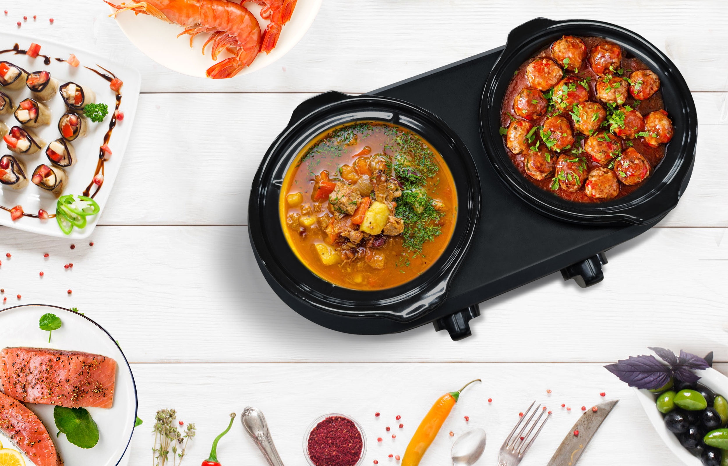 Double Slow Cooker, Buffet Servers and Warmers, Dual 2 Pot Slow Cooker Food  Warmer, Adjustable Temp Dishwasher Safe Removable Ceramic Pot Glass Lid, 2  x 1.25 QT Portable Small Crock Cooker –